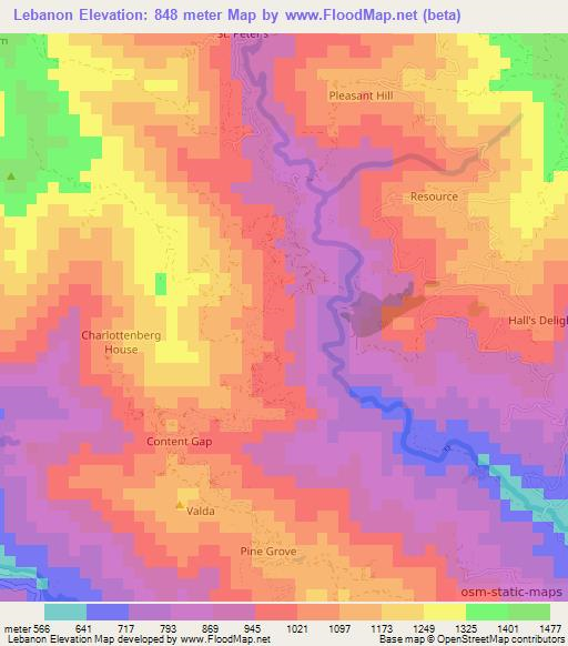 Lebanon,Jamaica Elevation Map