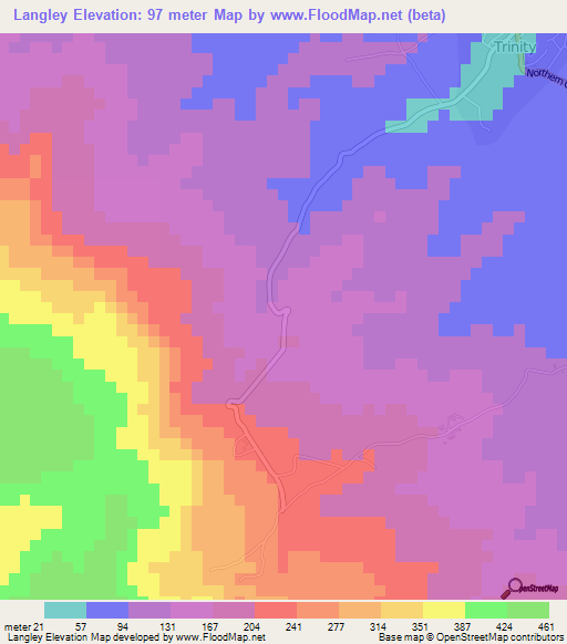 Langley,Jamaica Elevation Map