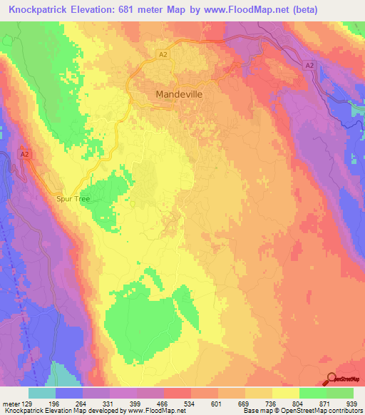 Knockpatrick,Jamaica Elevation Map