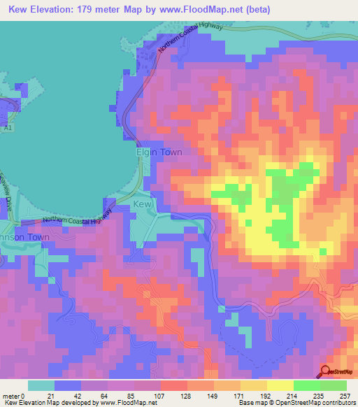 Kew,Jamaica Elevation Map