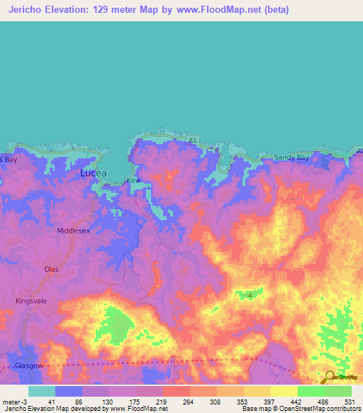 Jericho,Jamaica Elevation Map