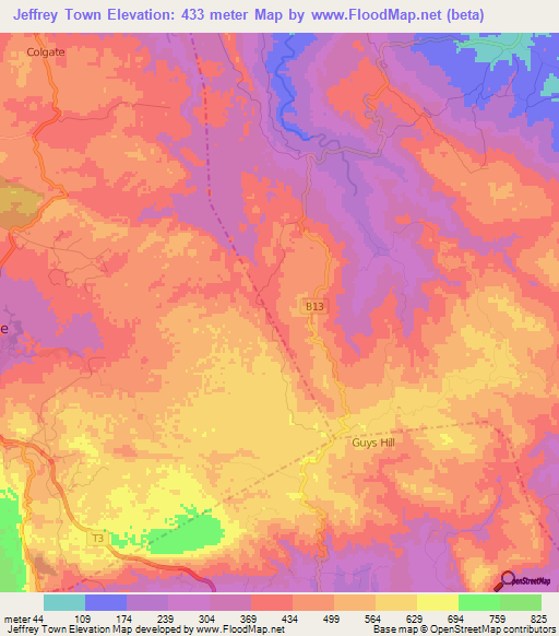 Jeffrey Town,Jamaica Elevation Map