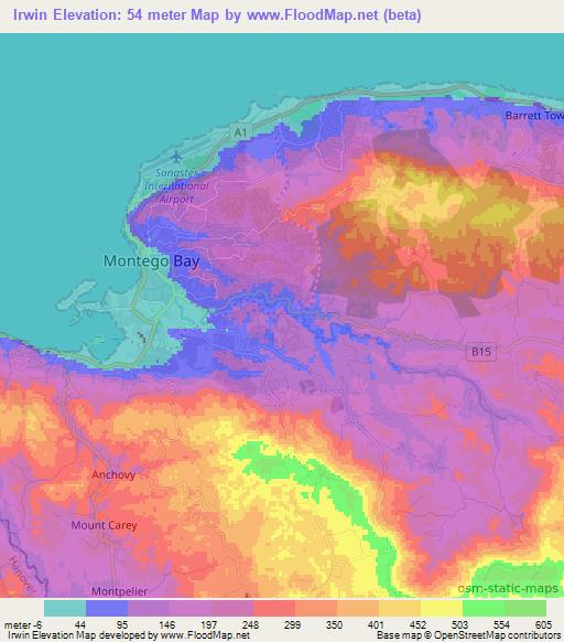 Irwin,Jamaica Elevation Map