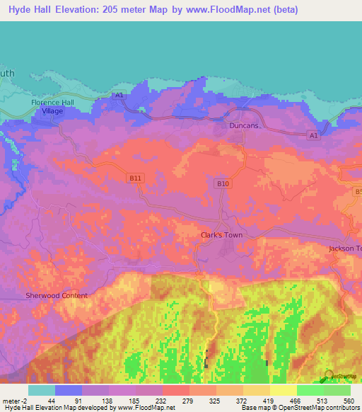 Hyde Hall,Jamaica Elevation Map