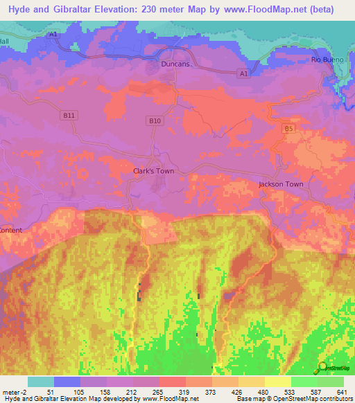 Hyde and Gibraltar,Jamaica Elevation Map