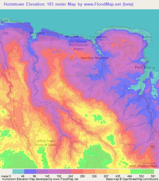 Huntstown,Jamaica Elevation Map