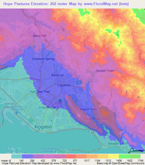 Hope Pastures,Jamaica Elevation Map