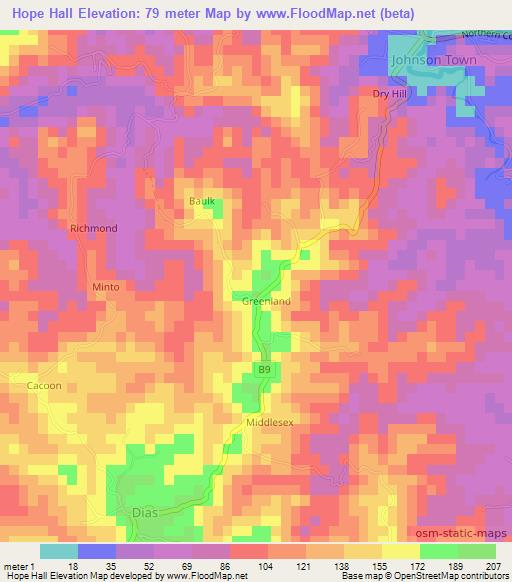 Hope Hall,Jamaica Elevation Map