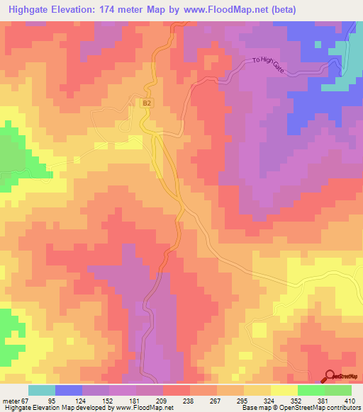 Highgate,Jamaica Elevation Map