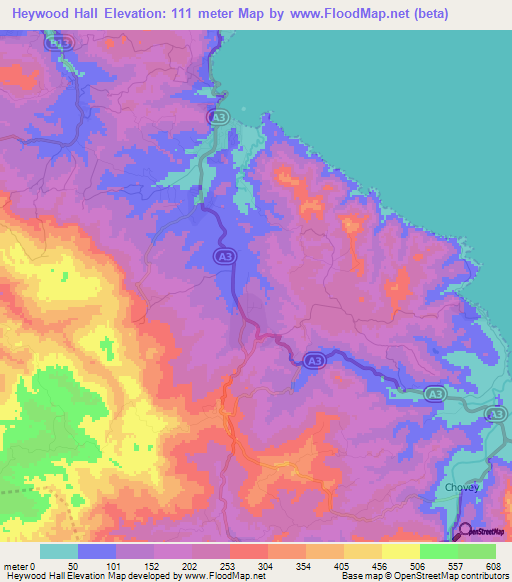 Heywood Hall,Jamaica Elevation Map