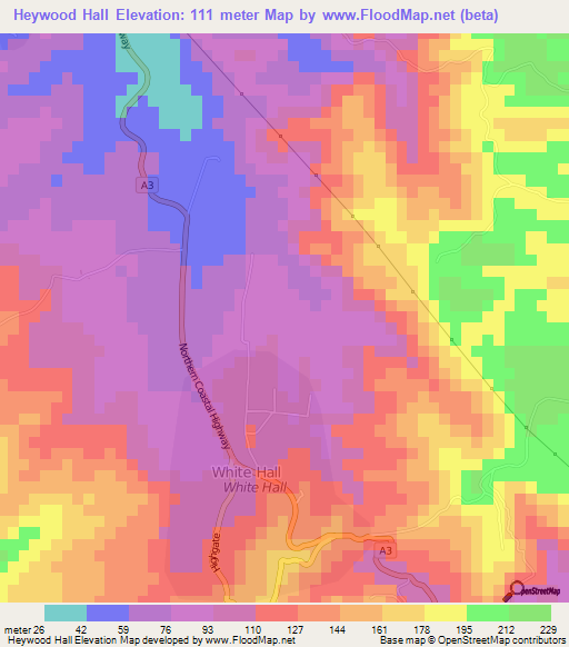 Heywood Hall,Jamaica Elevation Map