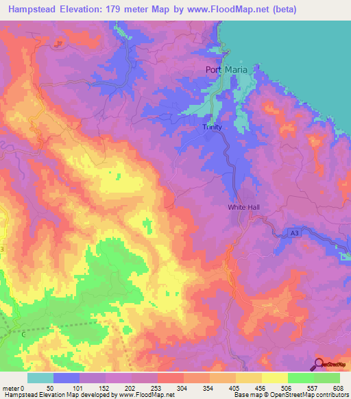 Hampstead,Jamaica Elevation Map