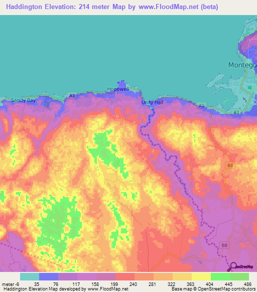 Haddington,Jamaica Elevation Map