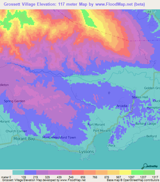 Grossett Village,Jamaica Elevation Map