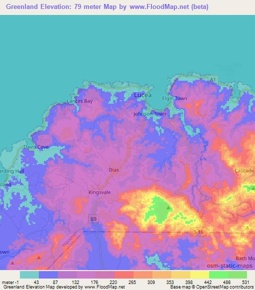 Greenland,Jamaica Elevation Map