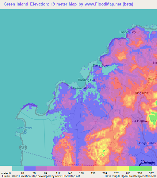 Green Island,Jamaica Elevation Map