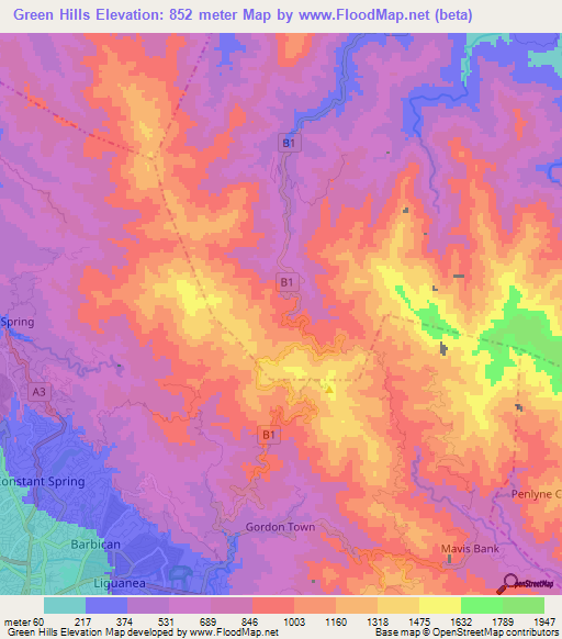 Green Hills,Jamaica Elevation Map