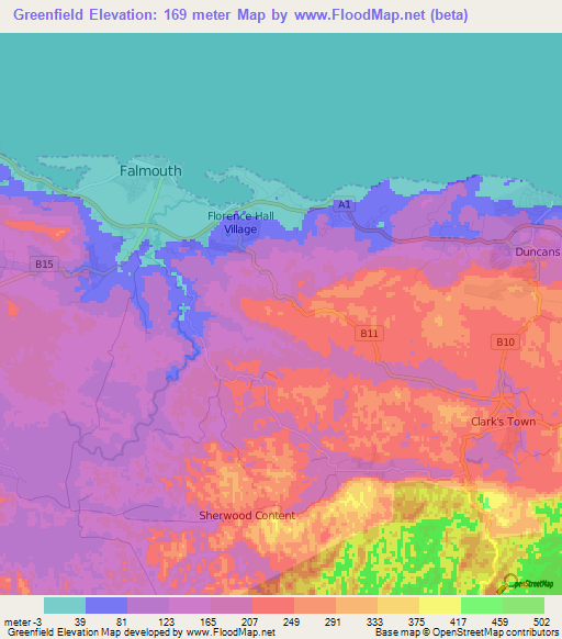 Greenfield,Jamaica Elevation Map