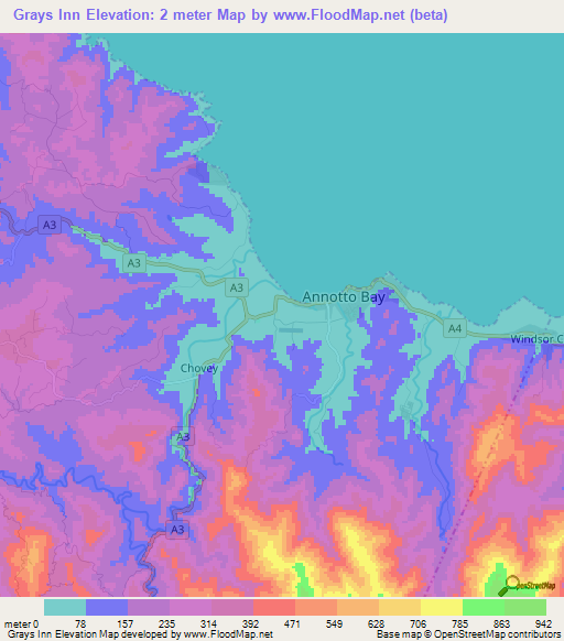 Grays Inn,Jamaica Elevation Map
