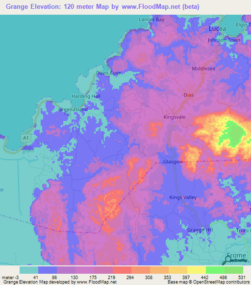 Grange,Jamaica Elevation Map