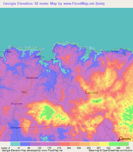 Georgia,Jamaica Elevation Map
