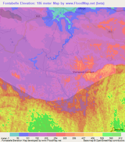 Fontabelle,Jamaica Elevation Map