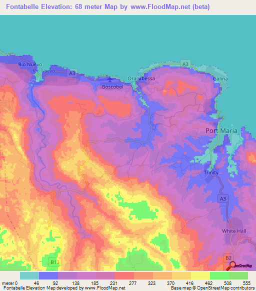 Fontabelle,Jamaica Elevation Map