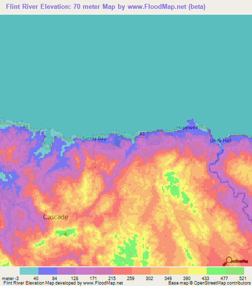 Flint River,Jamaica Elevation Map