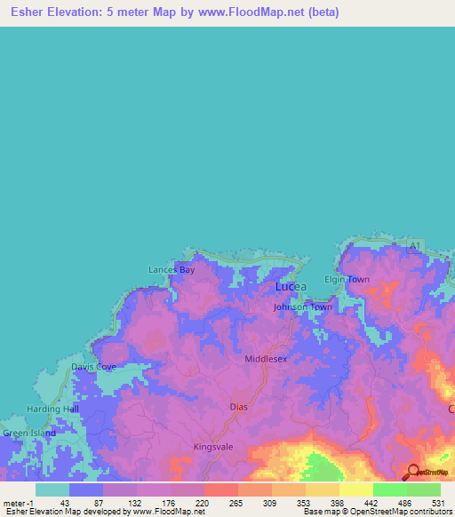 Esher,Jamaica Elevation Map