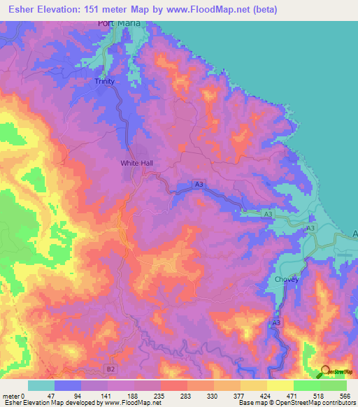 Esher,Jamaica Elevation Map