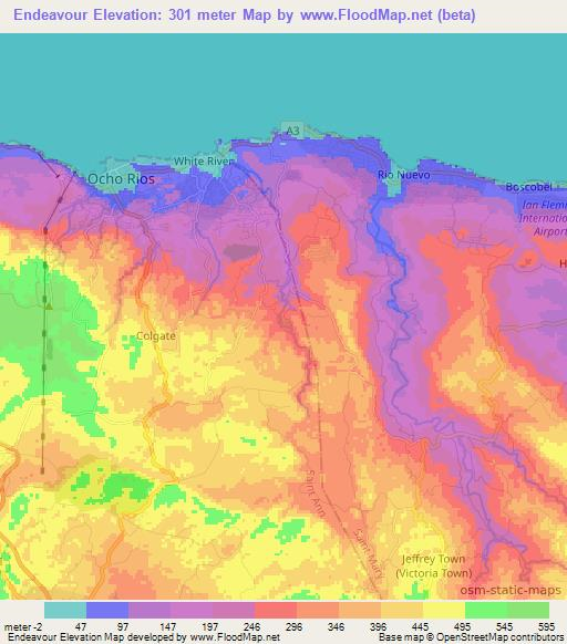 Endeavour,Jamaica Elevation Map