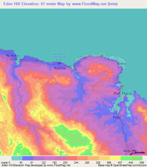 Eden Hill,Jamaica Elevation Map