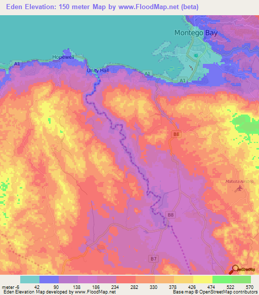 Eden,Jamaica Elevation Map