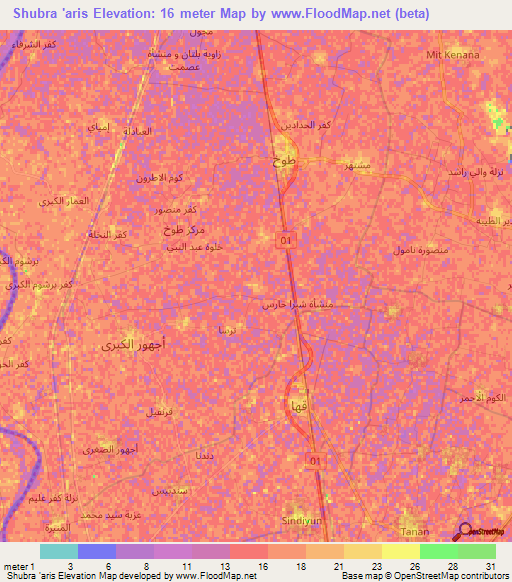 Shubra 'aris,Egypt Elevation Map