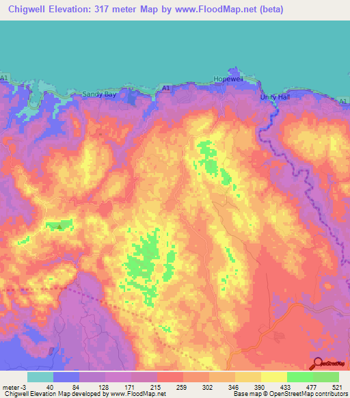 Chigwell,Jamaica Elevation Map
