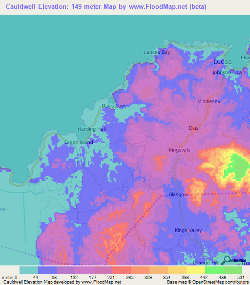 Cauldwell,Jamaica Elevation Map