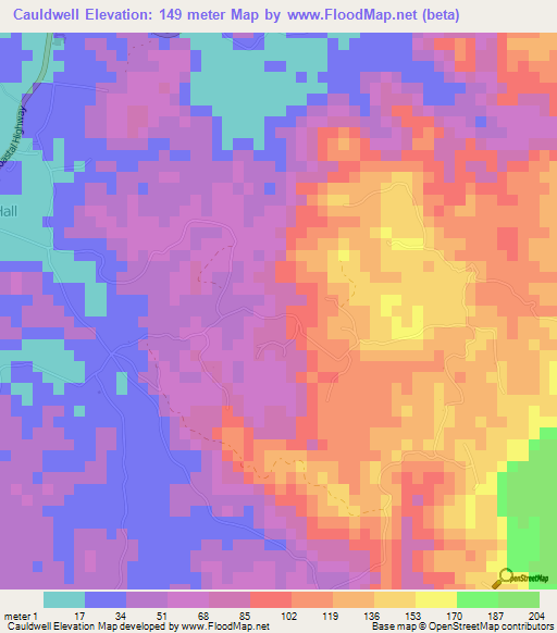 Cauldwell,Jamaica Elevation Map