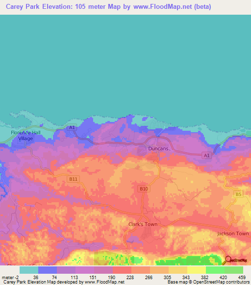Carey Park,Jamaica Elevation Map