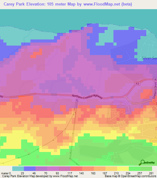 Carey Park,Jamaica Elevation Map