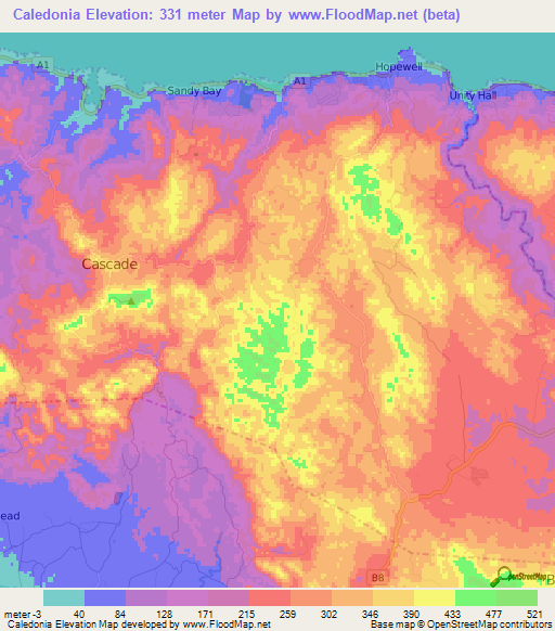 Caledonia,Jamaica Elevation Map