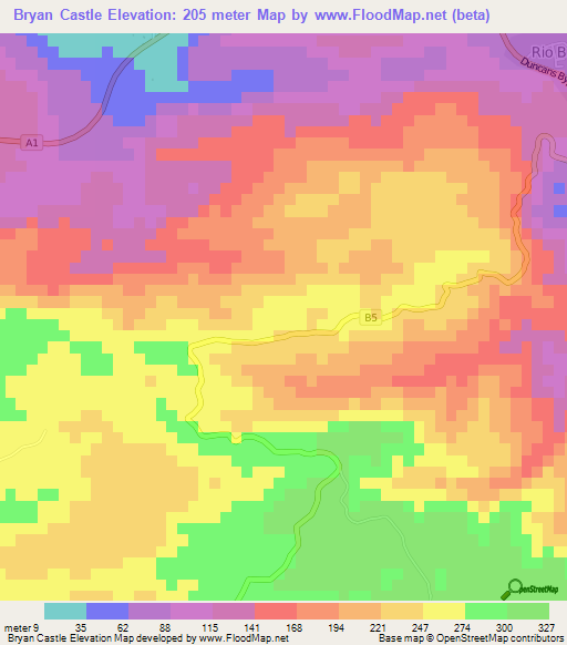 Bryan Castle,Jamaica Elevation Map