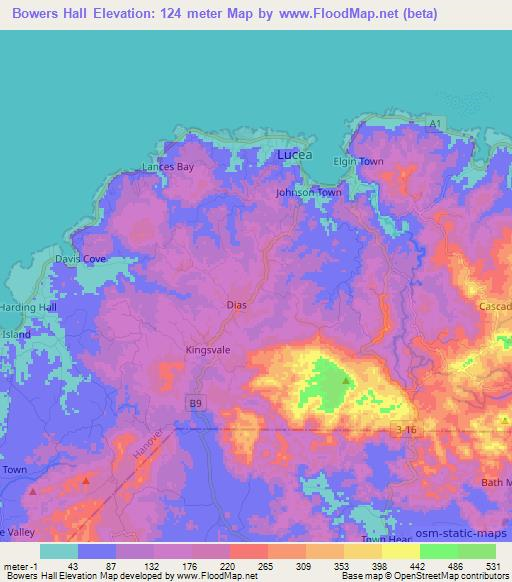 Bowers Hall,Jamaica Elevation Map
