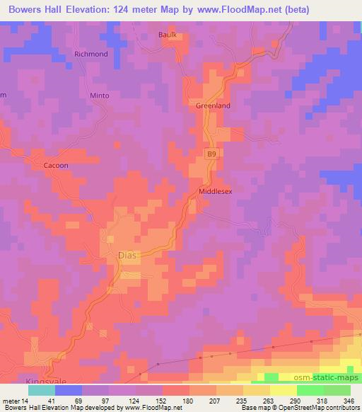 Bowers Hall,Jamaica Elevation Map
