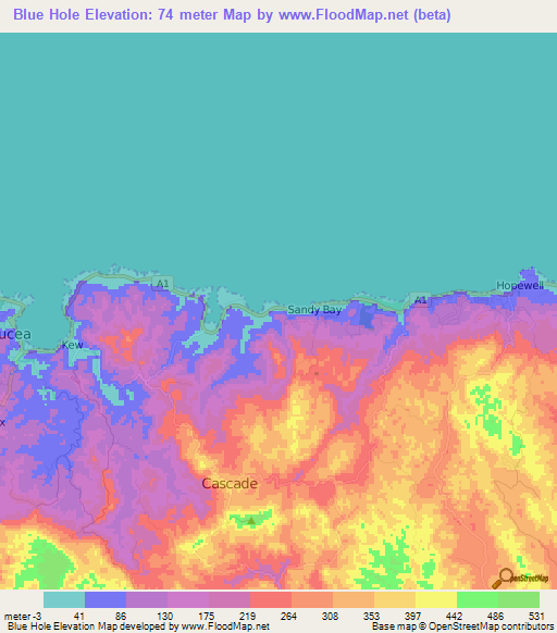 Blue Hole,Jamaica Elevation Map