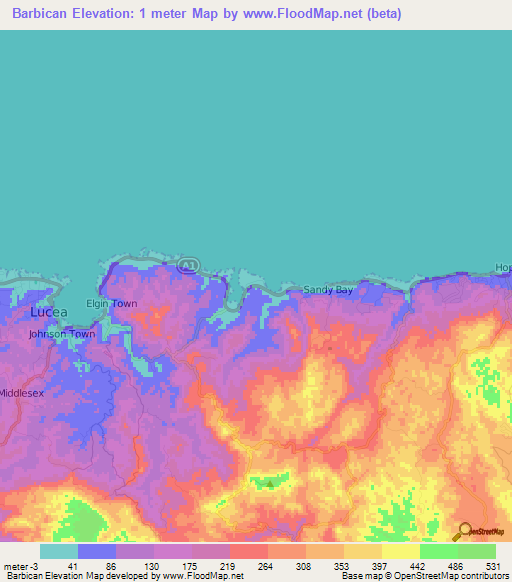 Barbican,Jamaica Elevation Map