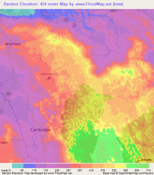Bandon,Jamaica Elevation Map