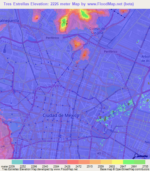 Tres Estrellas,Mexico Elevation Map