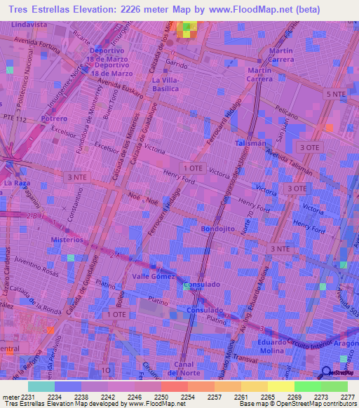 Tres Estrellas,Mexico Elevation Map