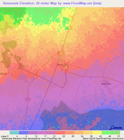 Venezuela,Cuba Elevation Map