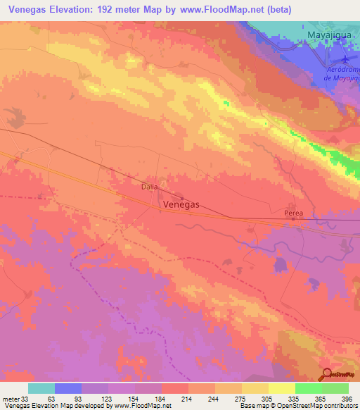 Venegas,Cuba Elevation Map